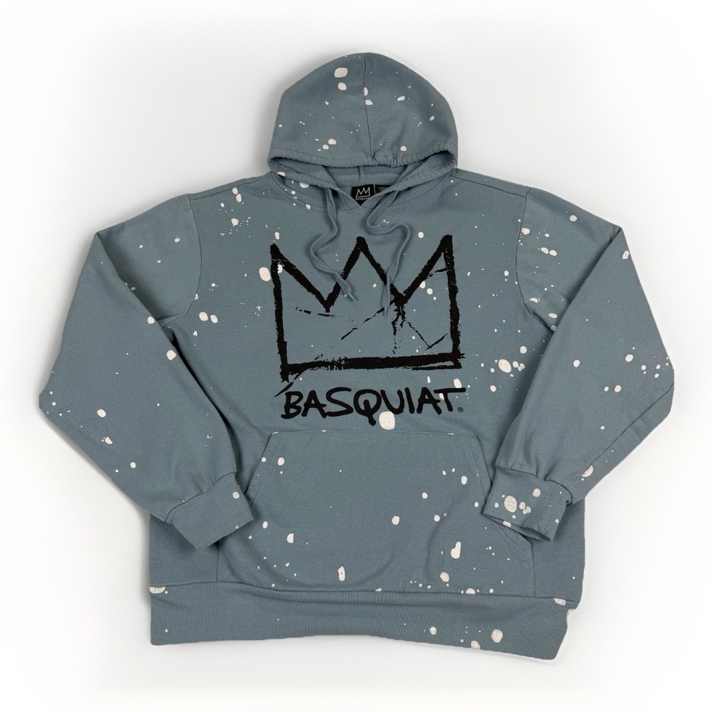 Basquiat Hoodie Mens Sz Medium Blue Crown Paint Splatter Estate Licensed Art‎